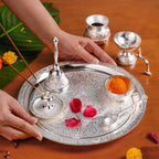 Embossed Silver Pooja Thali Set Of 7 With Kalash Spoon Bowl Bell Diya Nestasia