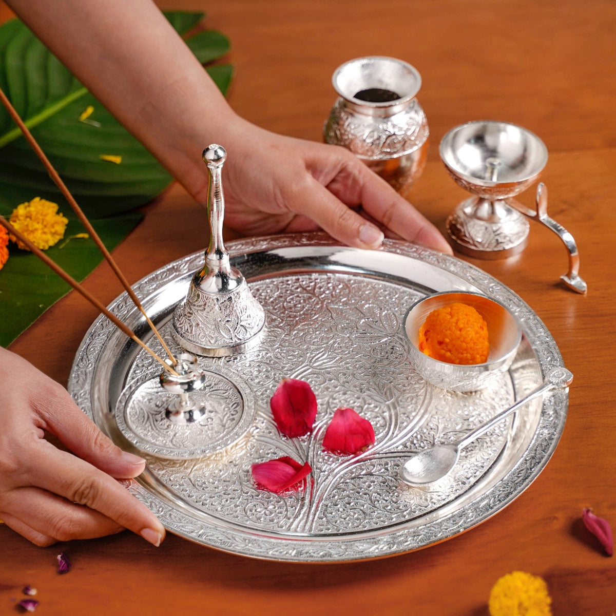 Embossed Silver Pooja Thali Set Of 7 With Kalash Spoon Bowl Bell Diya Nestasia