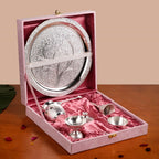 Embossed Silver Pooja Thali Set Of 7 With Kalash Spoon Bowl Bell Diya Nestasia