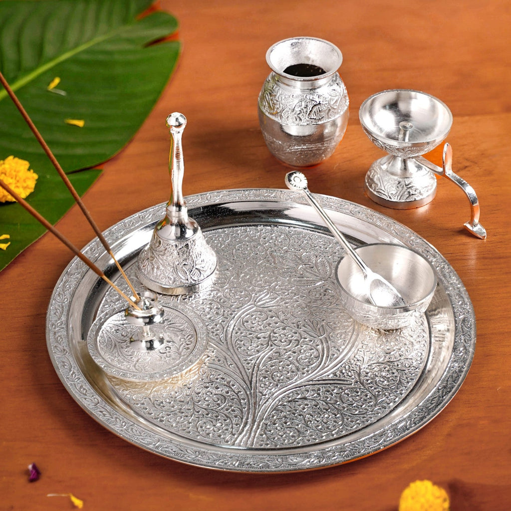 Embossed Silver Pooja Thali Set Of 7 With Kalash Spoon Bowl Bell Diya Nestasia