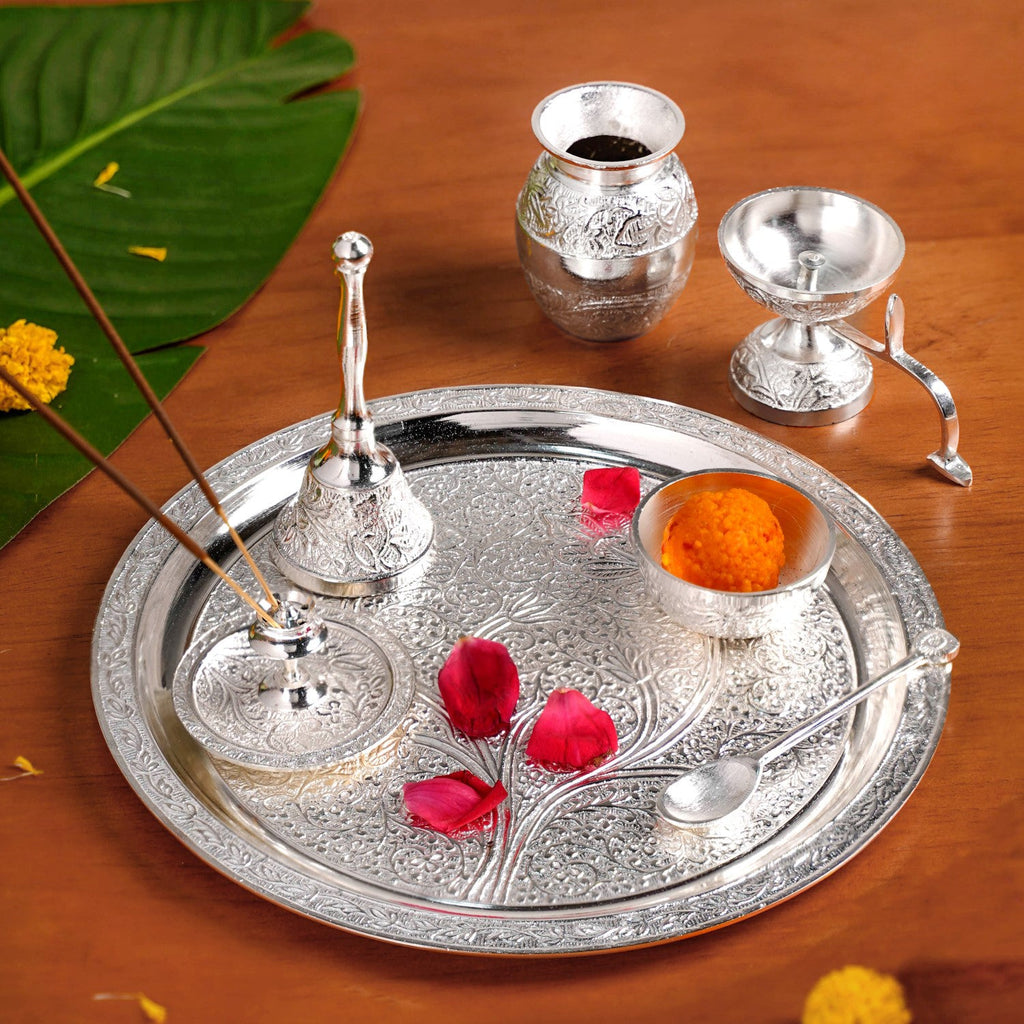 Embossed Silver Pooja Thali Set Of 7 With Kalash Spoon Bowl Bell Diya Nestasia