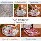 Embossed Silver Pooja Thali Set Of 7 With Kalash Spoon Bowl Bell Diya Nestasia