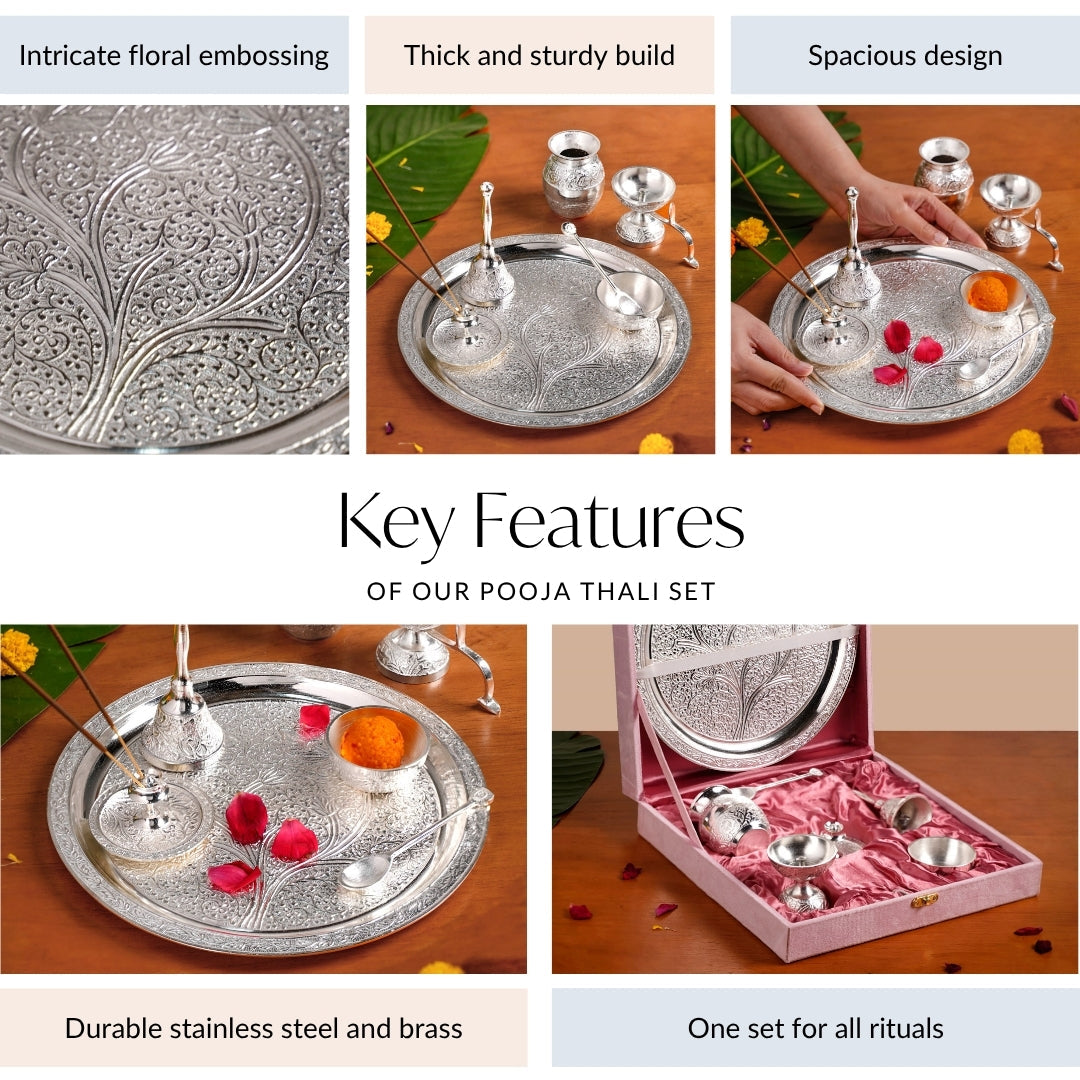 Embossed Silver Pooja Thali Set Of 7 With Kalash Spoon Bowl Bell Diya Nestasia