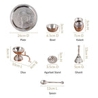 Embossed Silver Pooja Thali Set Of 7 With Kalash Spoon Bowl Bell Diya Nestasia