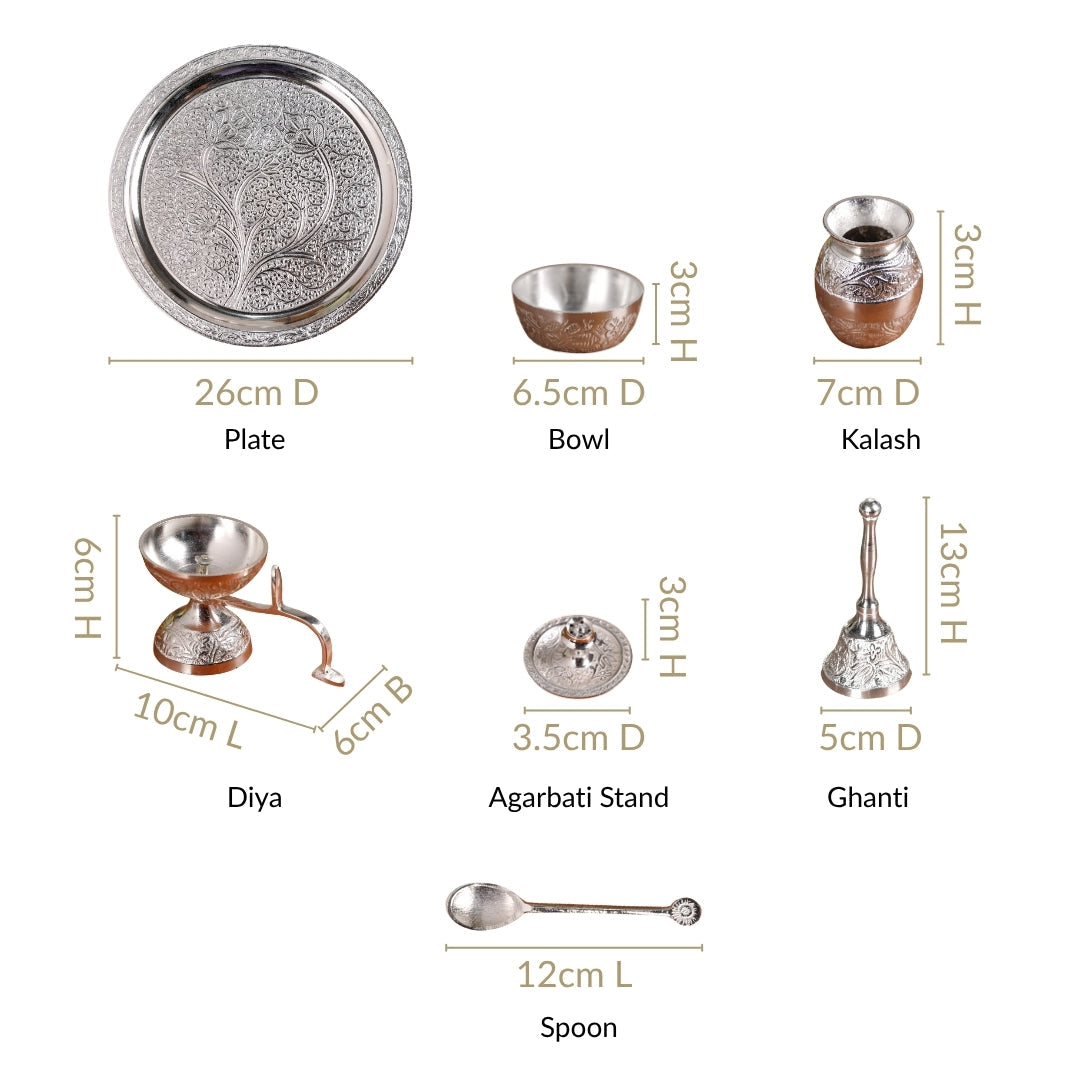 Embossed Silver Pooja Thali Set Of 7 With Kalash Spoon Bowl Bell Diya Nestasia