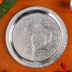 Embossed Silver Pooja Thali Set Of 7 With Kalash Spoon Bowl Bell Diya Nestasia