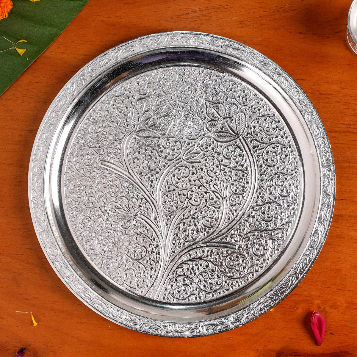 Embossed Silver Pooja Thali Set Of 7 With Kalash Spoon Bowl Bell Diya Nestasia