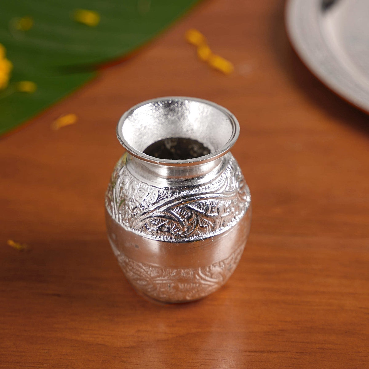 Embossed Silver Pooja Thali Set Of 7 With Kalash Spoon Bowl Bell Diya Nestasia