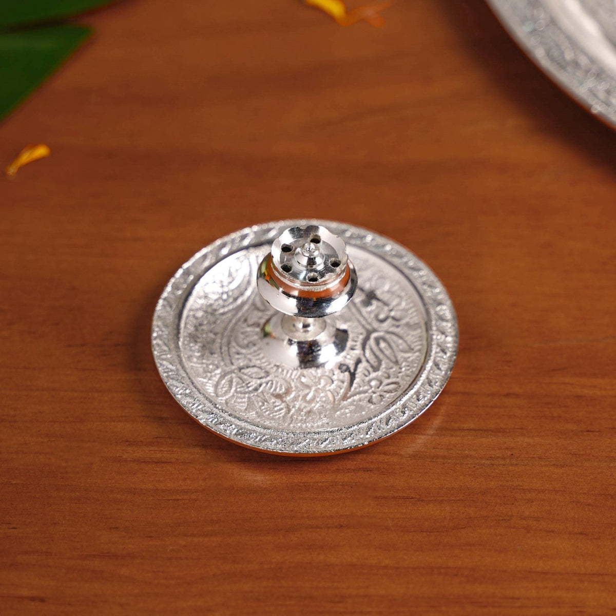 Embossed Silver Pooja Thali Set Of 7 With Kalash Spoon Bowl Bell Diya Nestasia