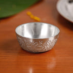 Embossed Silver Pooja Thali Set Of 7 With Kalash Spoon Bowl Bell Diya Nestasia