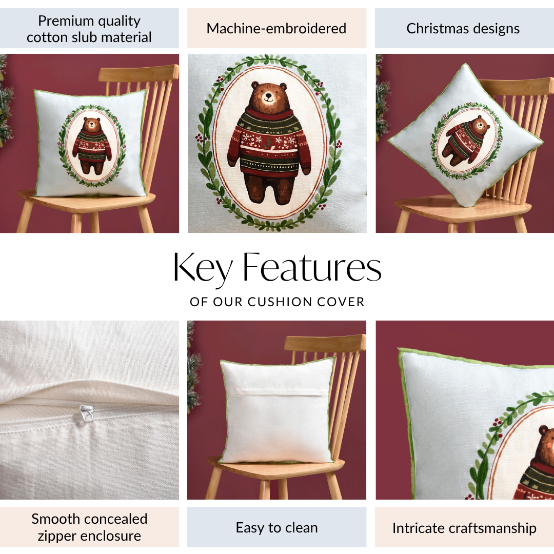 Tufted Embroidery Bear Cotton Cushion Cover 40x40cm Nestasia