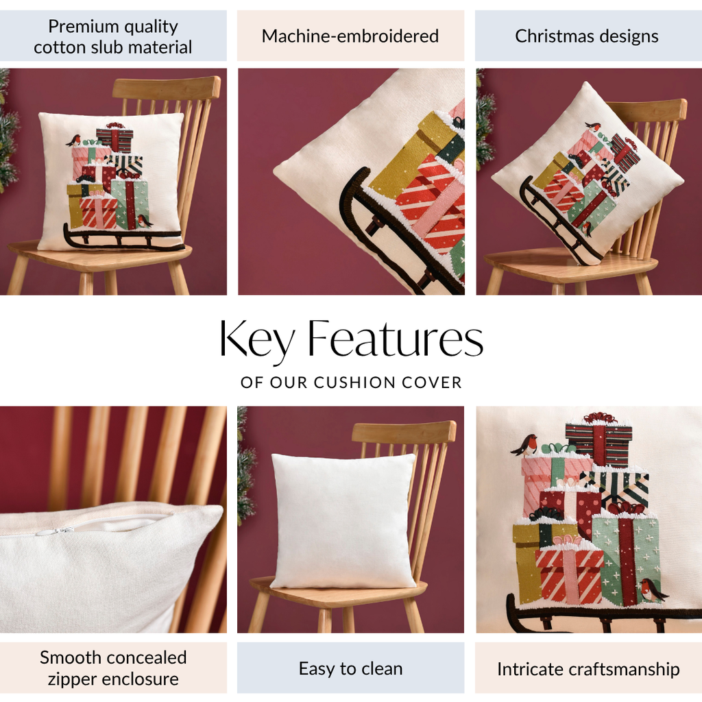 Embroidered Christmas Gifts Cushion Cover 40x40cm Nestasia
