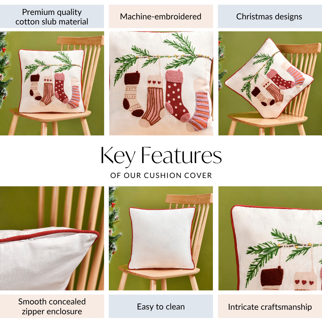 Embroidered Stockings Cotton Cushion Cover 40x40cm Nestasia