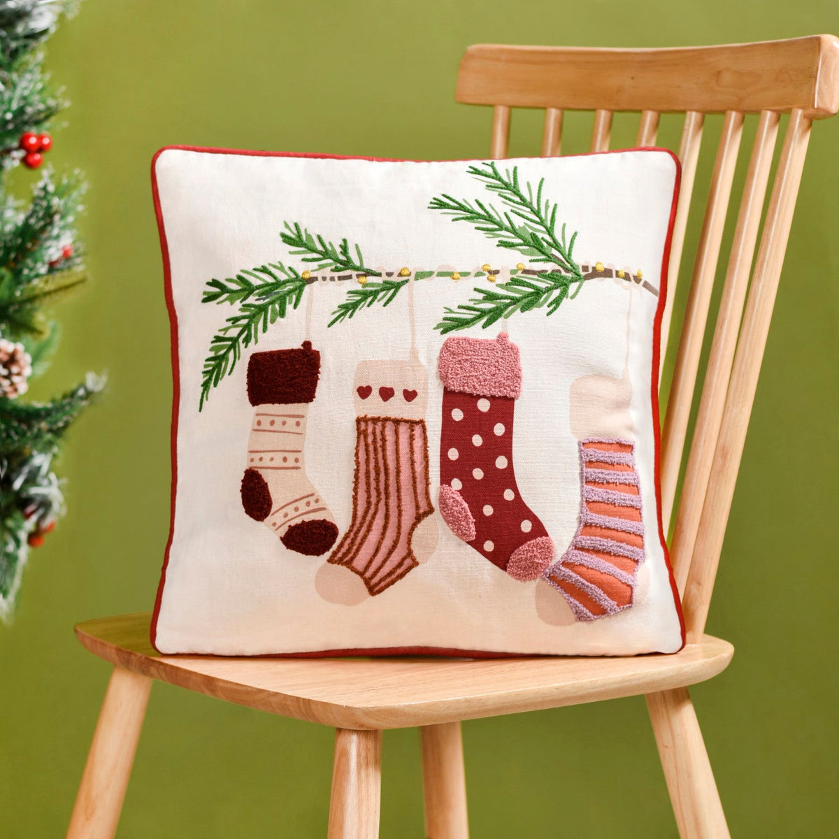 Embroidered Stockings Cotton Cushion Cover 40x40cm Nestasia
