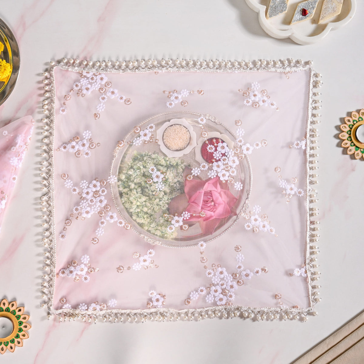 Embroidered Rose Pooja Thali Cover Set Of 2 Nestasia