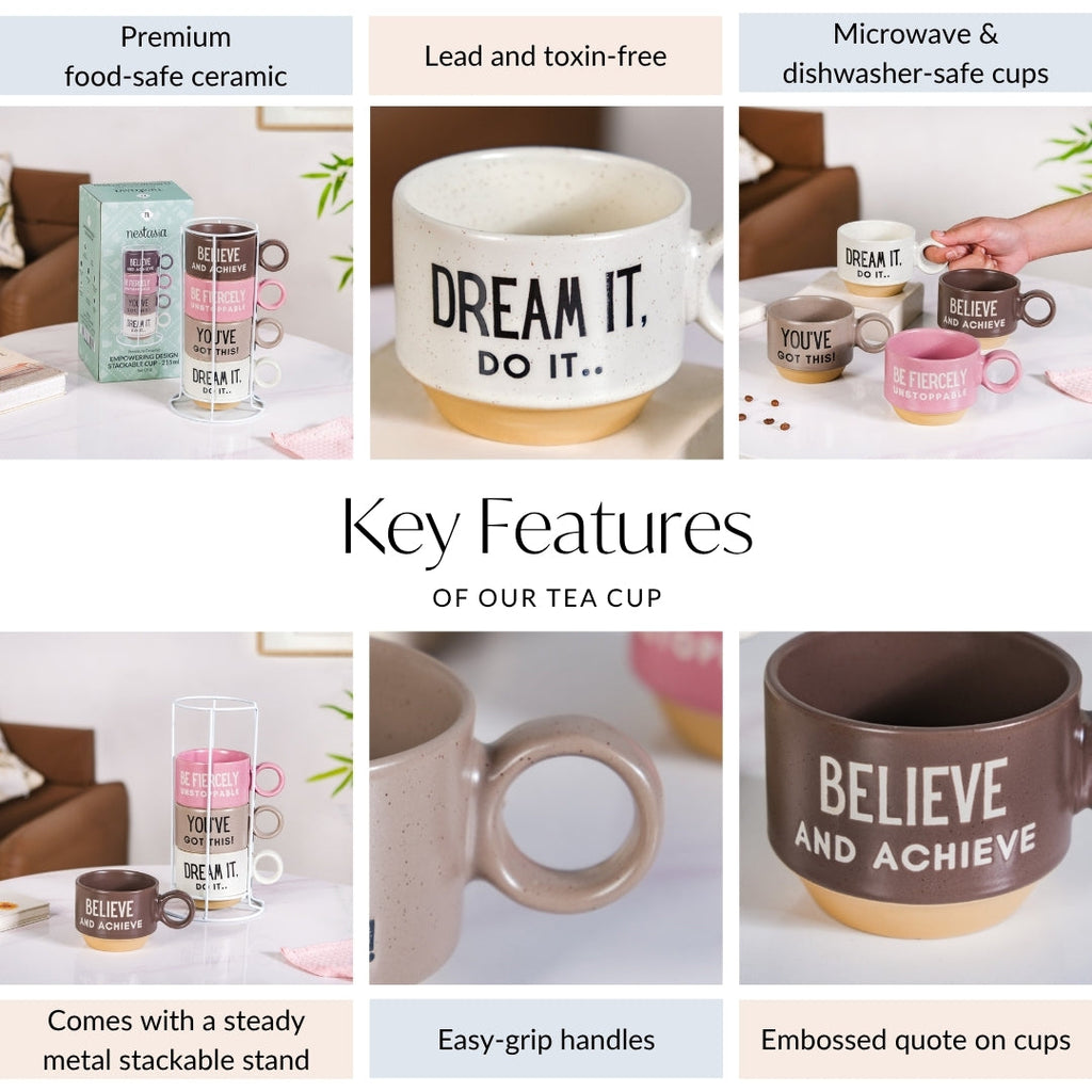 Inspirational Quotes Stackable Tea Cup Set Of 4 215ml Nestasia
