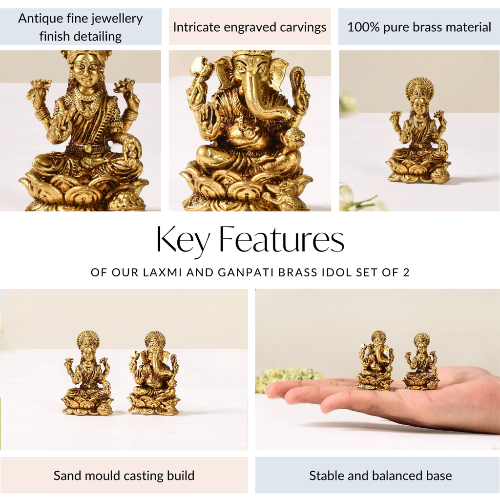 Laxmi And Ganpati Pure Brass Idol Set Of 2 4cm Nestasia