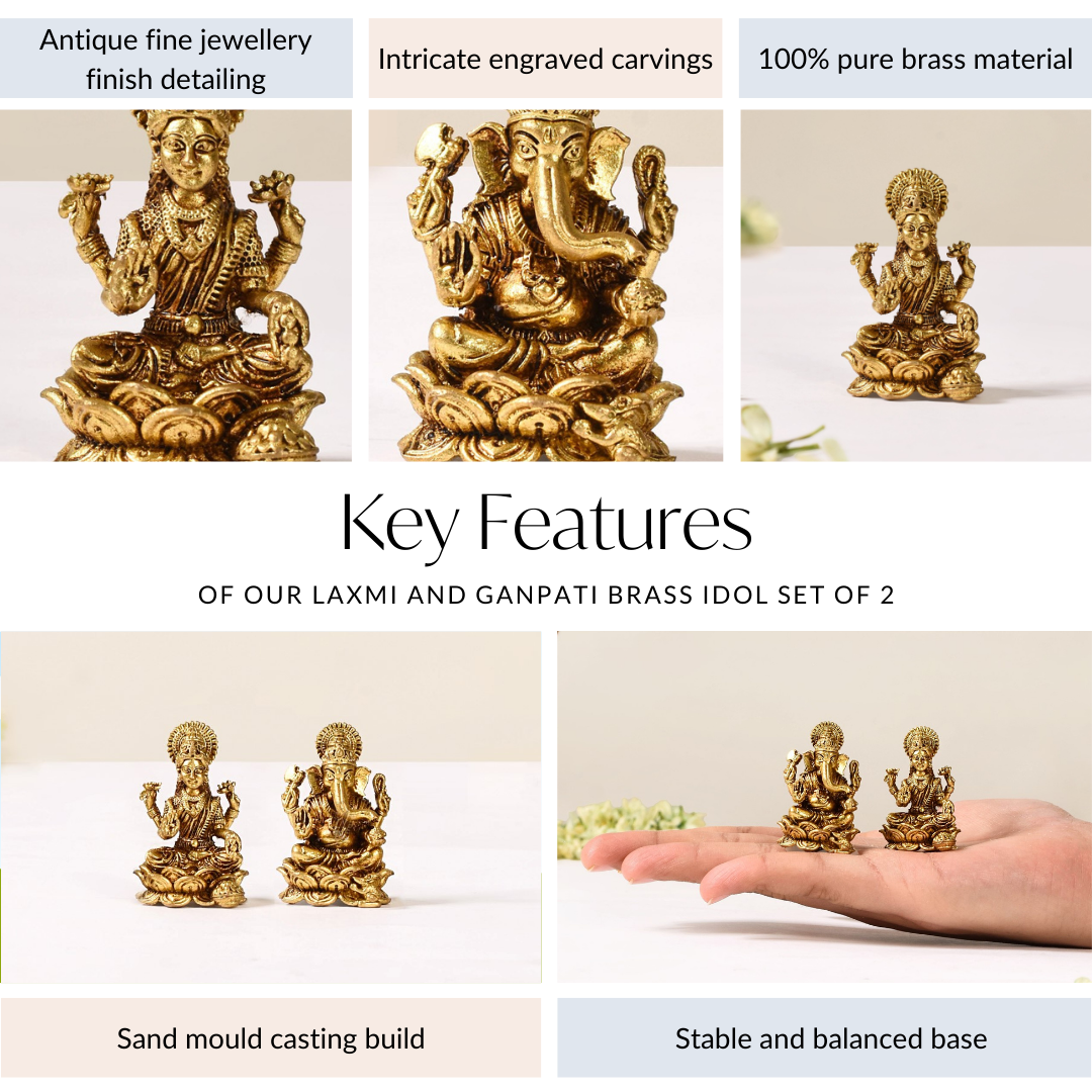 Laxmi And Ganpati Pure Brass Idol Set Of 2 4cm Nestasia