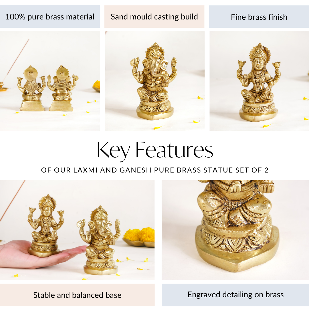 Ganesh Laxmi Pure Brass Statue Set Of 2 11cm Nestasia