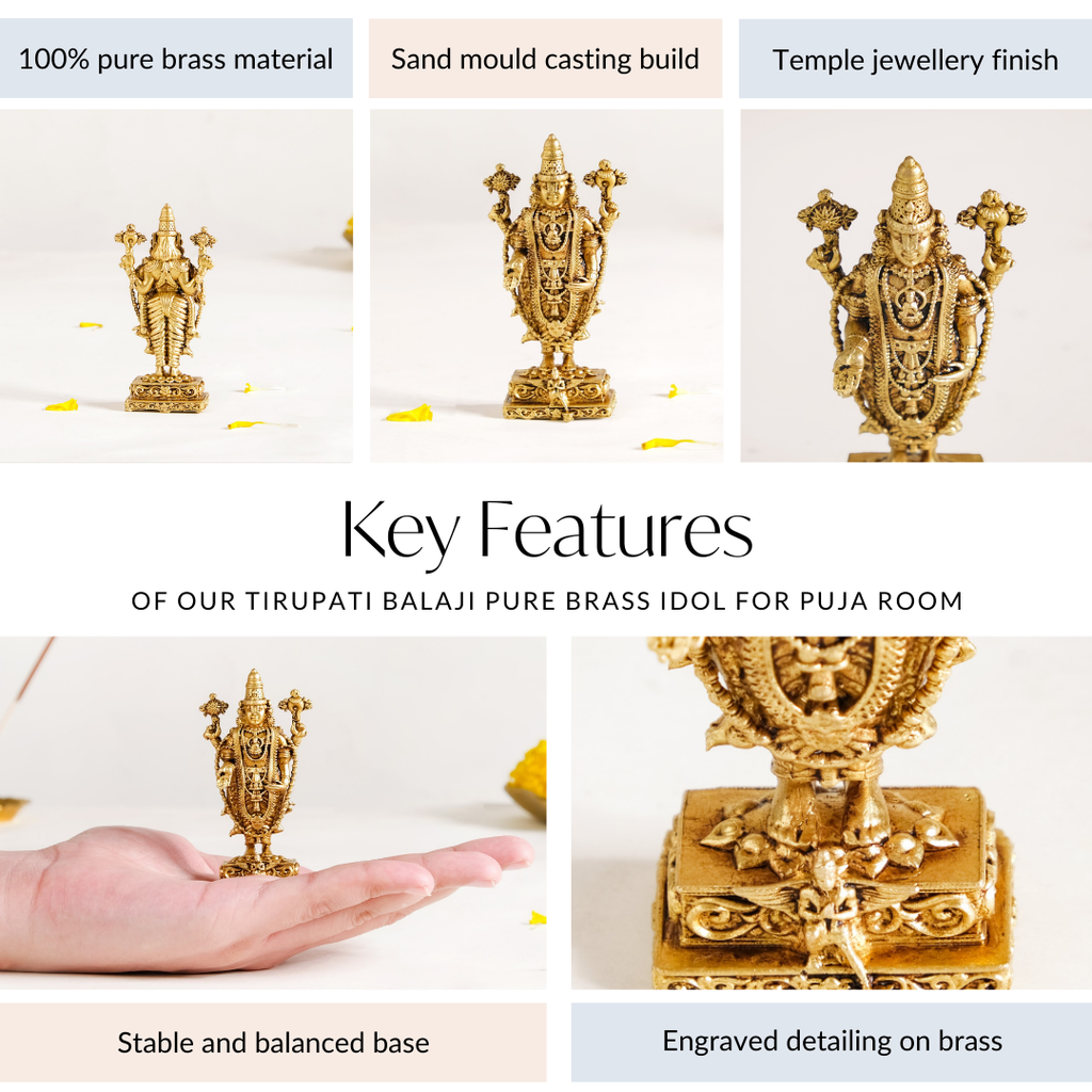 Tirupati Balaji Fine Carving Jewellery Finish Pure Brass Idol 7cm Nestasia