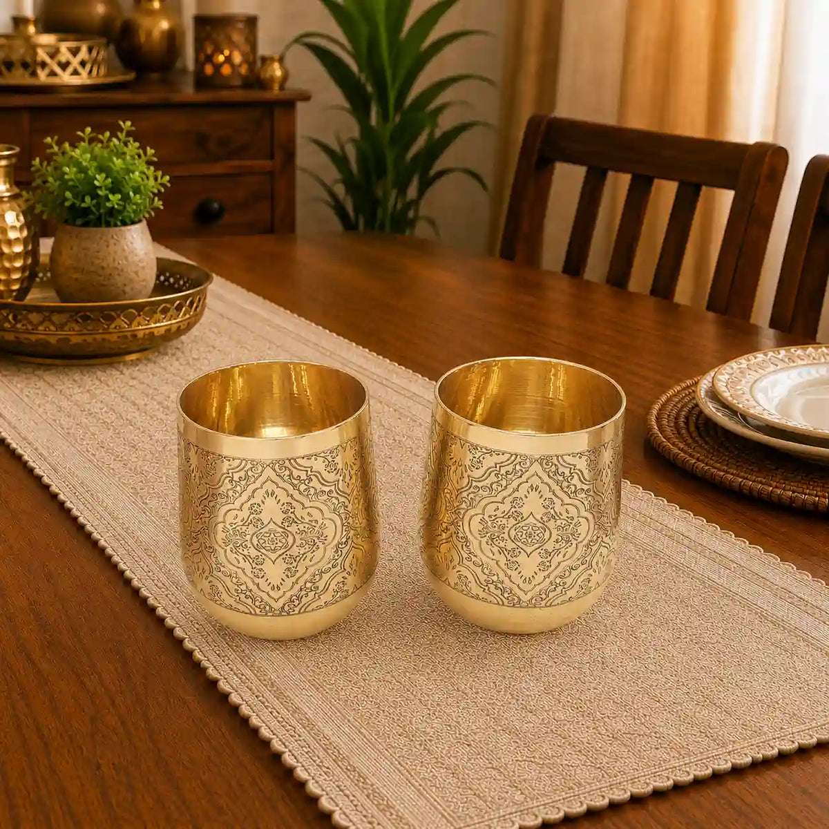 Brass Hand Carved Glass Pair Vedansh Craft