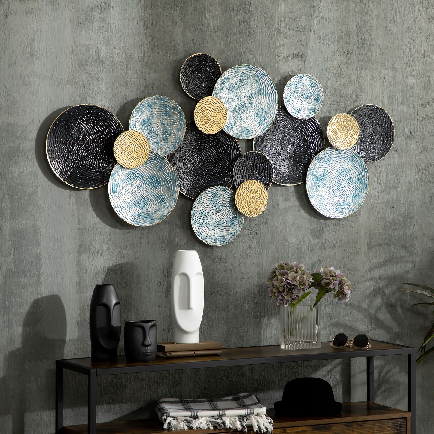 3D Metal Wall Art Modern Circle Hanging Wall Sculptures Home Decor For Living Room Bedroom Dining Room, Blue Black Gold