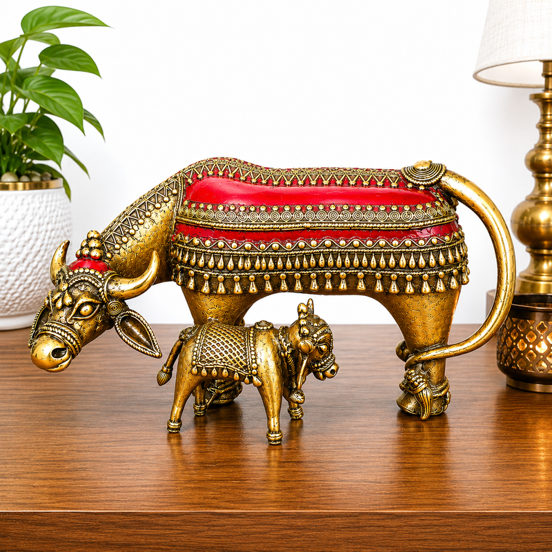 Brass Dhokra Kamdhenu Cow with Calf Statue (7 Inch) Vedansh Craft