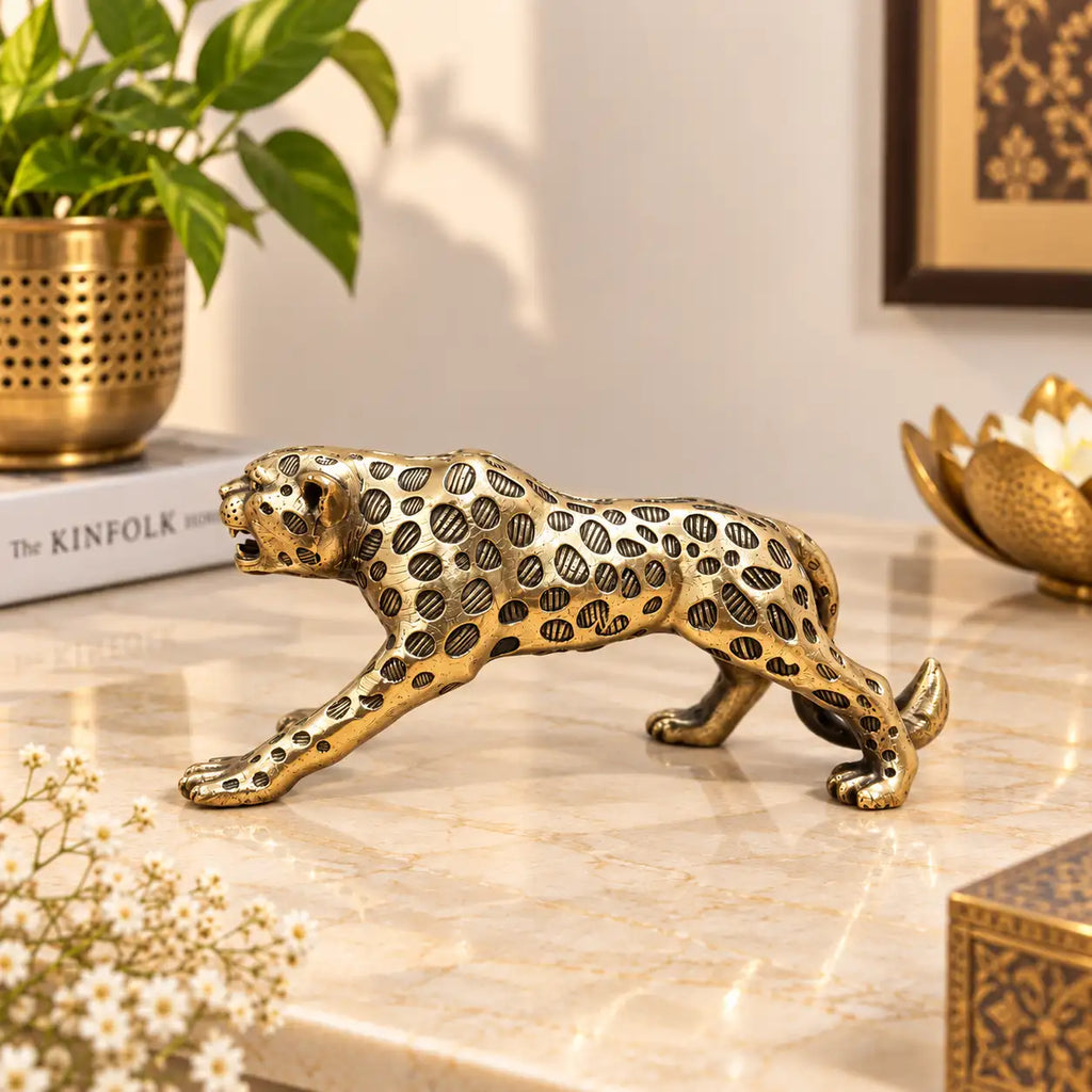 Brass Lightweight Roaring leopard Statue Vedansh Craft