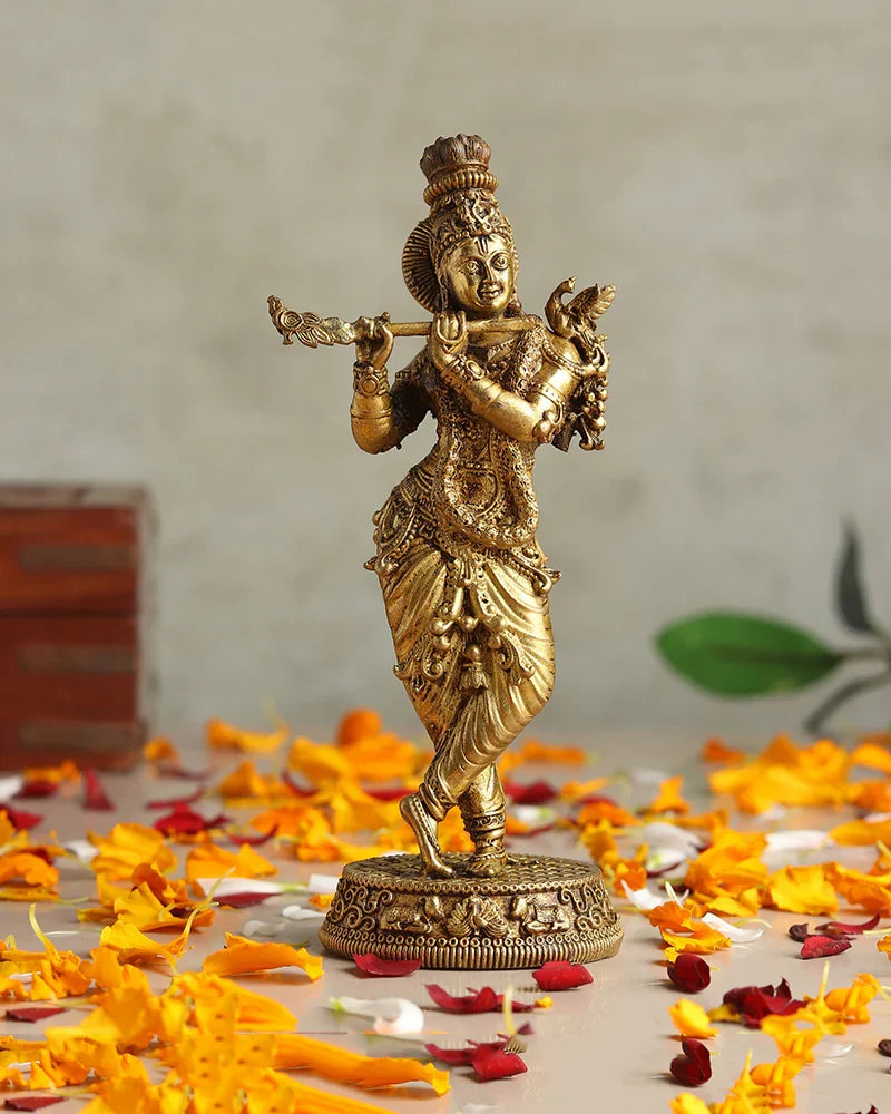 Pure Brass Krishna with Flute Idol for Home Temple and Pooja Room