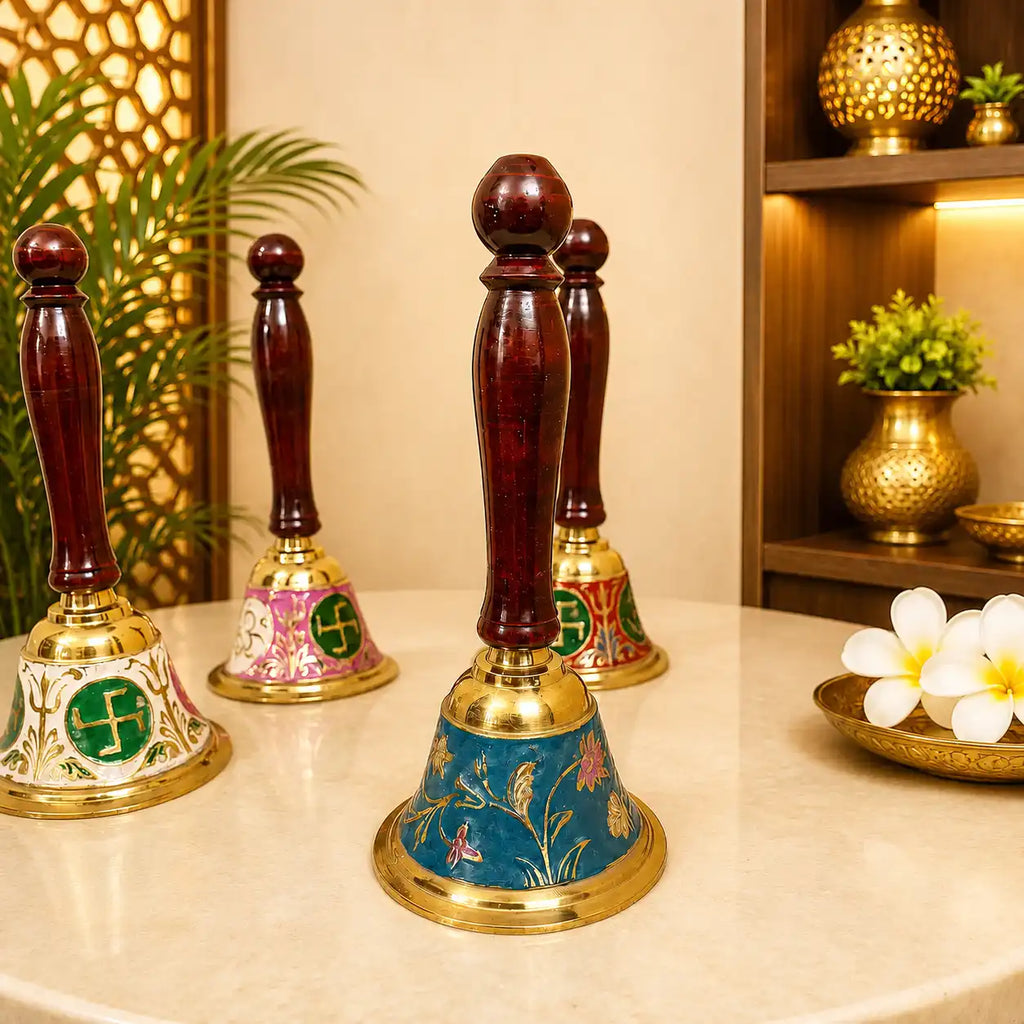Brass Hand Painted Meenakari Handbell With Wooden Handle (7.5 Inch) Vedansh Craft