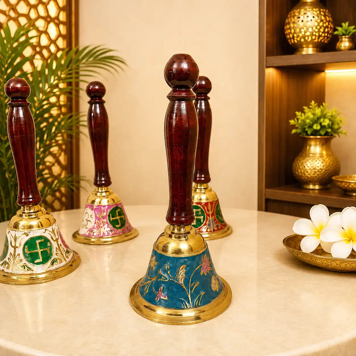 Brass Hand Painted Meenakari Handbell With Wooden Handle (7.5 Inch) Vedansh Craft