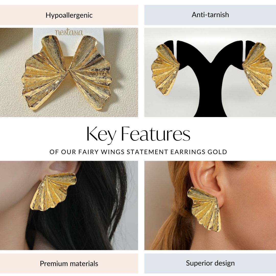 Fairy Wings Statement Earrings Gold Nestasia