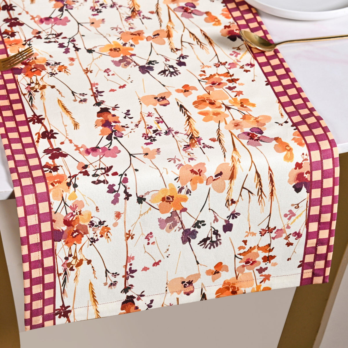 Checkered Border Cotton 8 Seater Runner 264x35cm Nestasia
