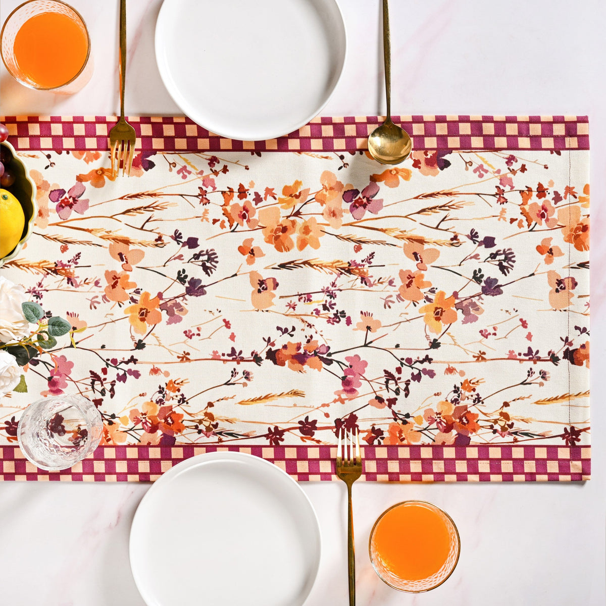 Checkered Border Cotton 8 Seater Runner 264x35cm Nestasia