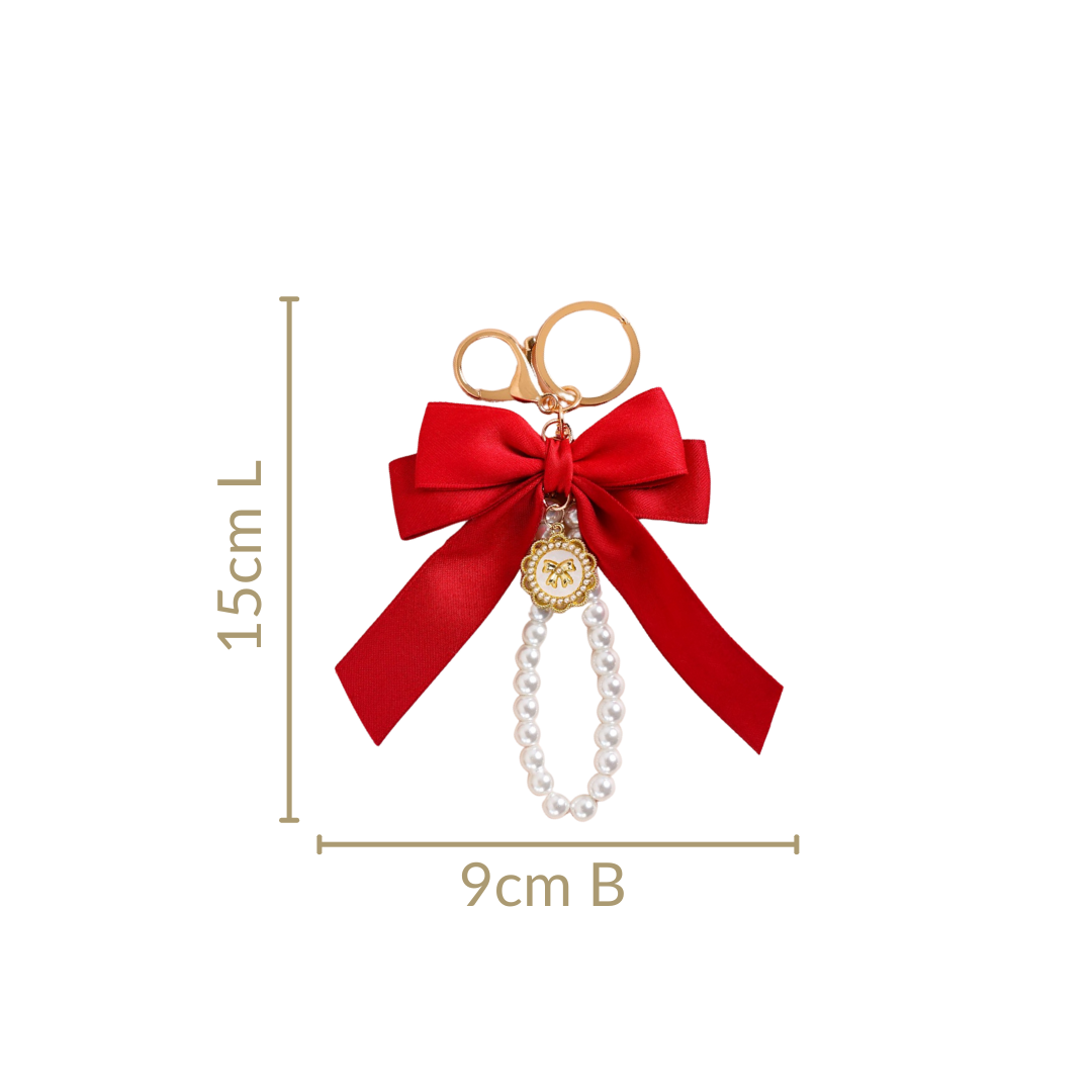 Charming Red Bow Keychain With Pearls Nestasia