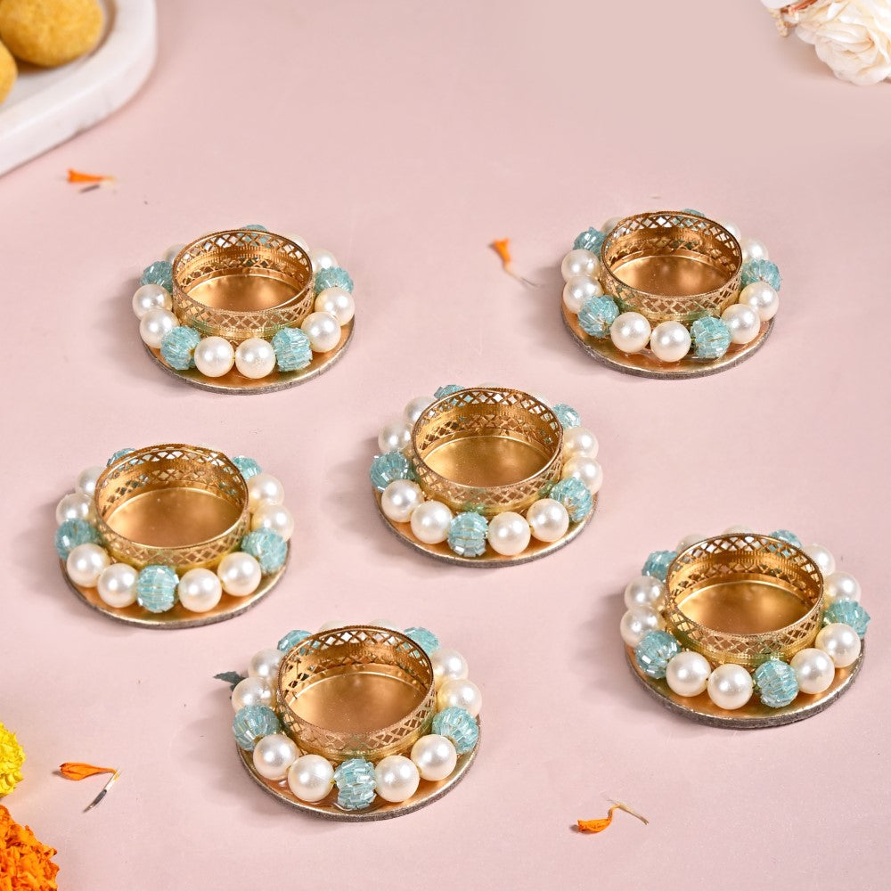 Set Of 6 Metal Tea Light Holders With Faux Pearls Nestasia