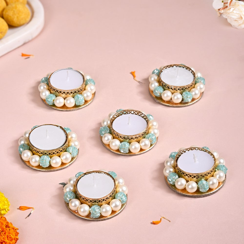 Set Of 6 Metal Tea Light Holders With Faux Pearls Nestasia