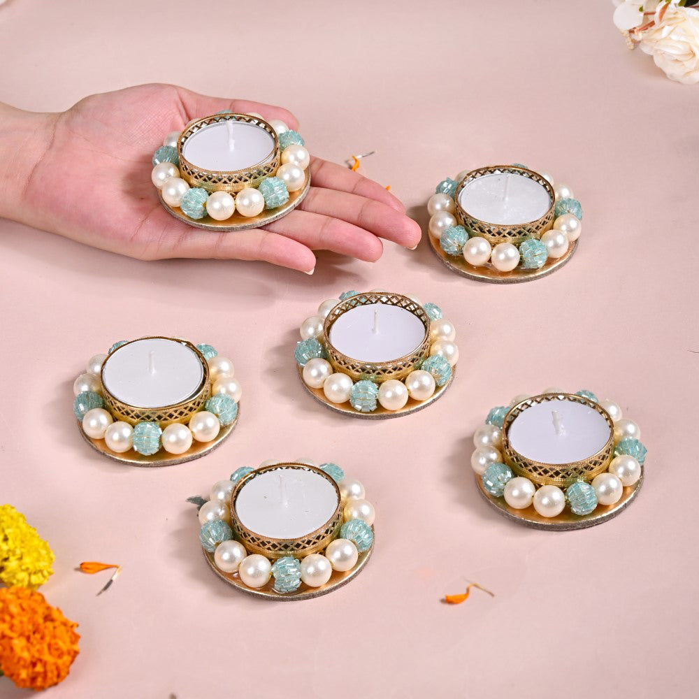 Set Of 6 Metal Tea Light Holders With Faux Pearls Nestasia