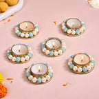 Set Of 6 Metal Tea Light Holders With Faux Pearls Nestasia