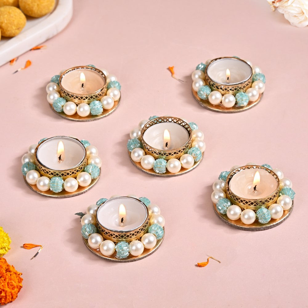 Set Of 6 Metal Tea Light Holders With Faux Pearls Nestasia