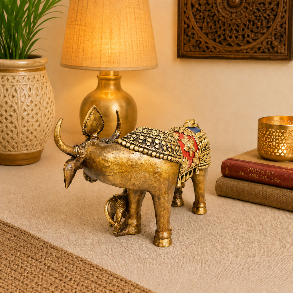 Brass Dhokra Kamdhenu Cow with Calf Statue (6.5 Inch) Vedansh Craft