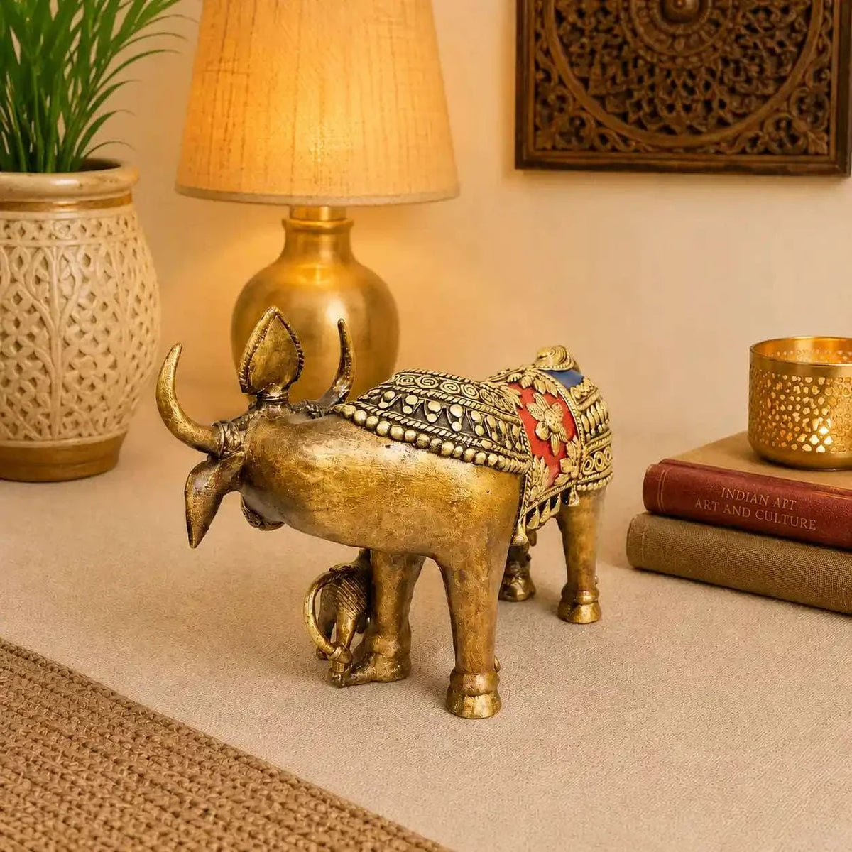 Brass Dhokra Kamdhenu Cow with Calf Statue (6.5 Inch) Vedansh Craft