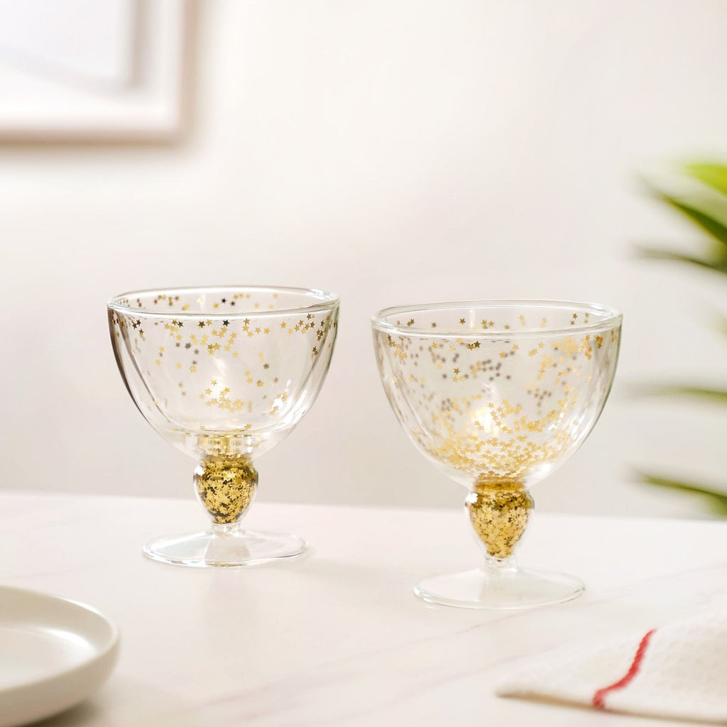 Set Of 2 Gold Confetti Filled Double Walled Wine Glass Goblet 250ml Nestasia