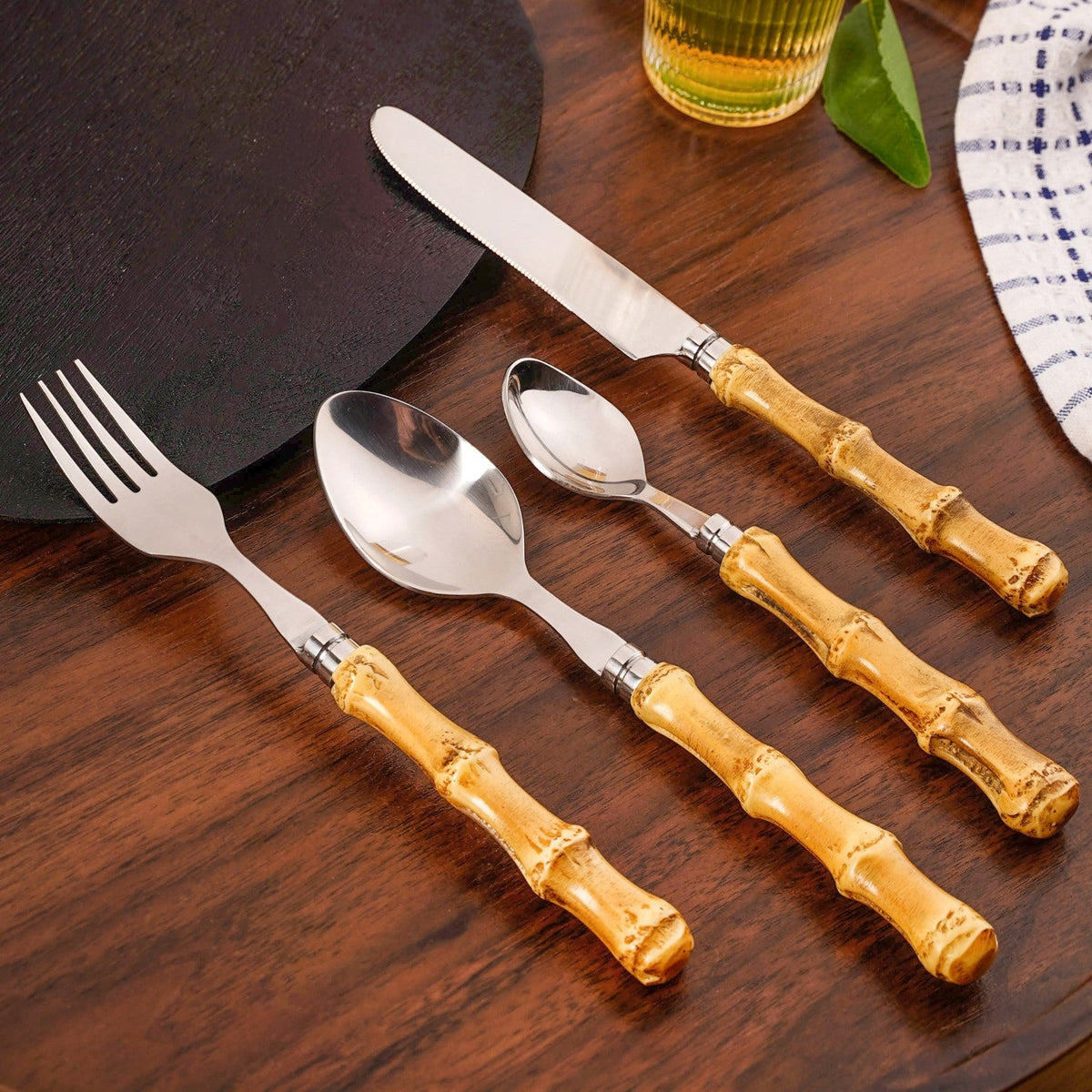 Rustic Bamboo Design Stainless Steel Cutlery Set Of 4 Nestasia