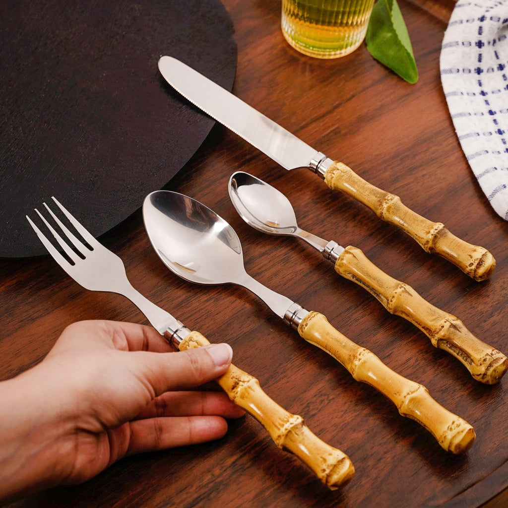Rustic Bamboo Design Stainless Steel Cutlery Set Of 4 Nestasia