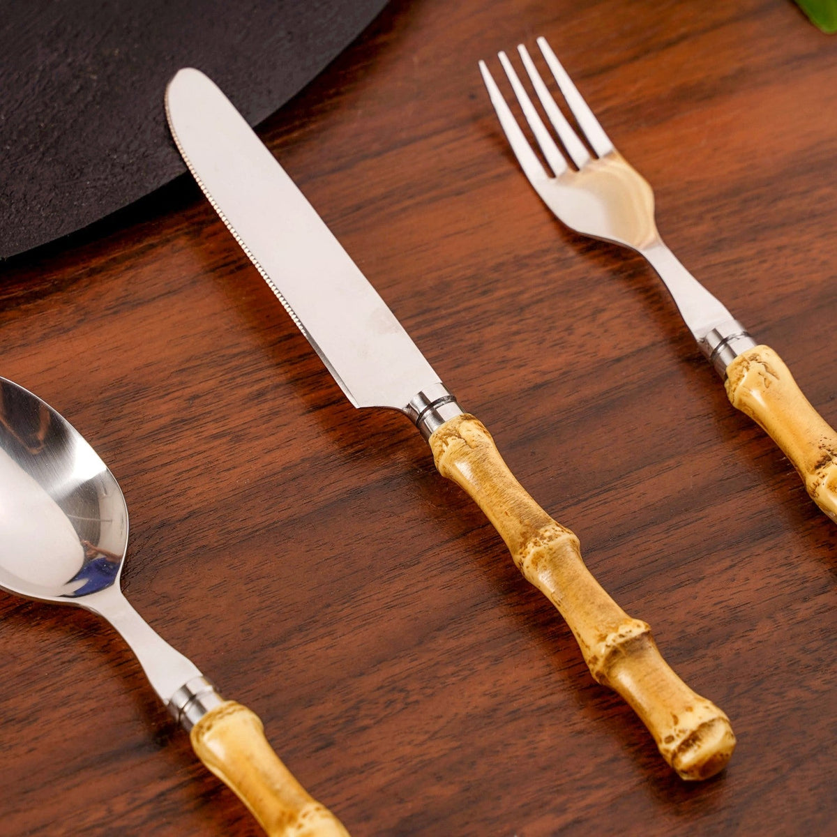 Rustic Bamboo Design Stainless Steel Cutlery Set Of 4 Nestasia