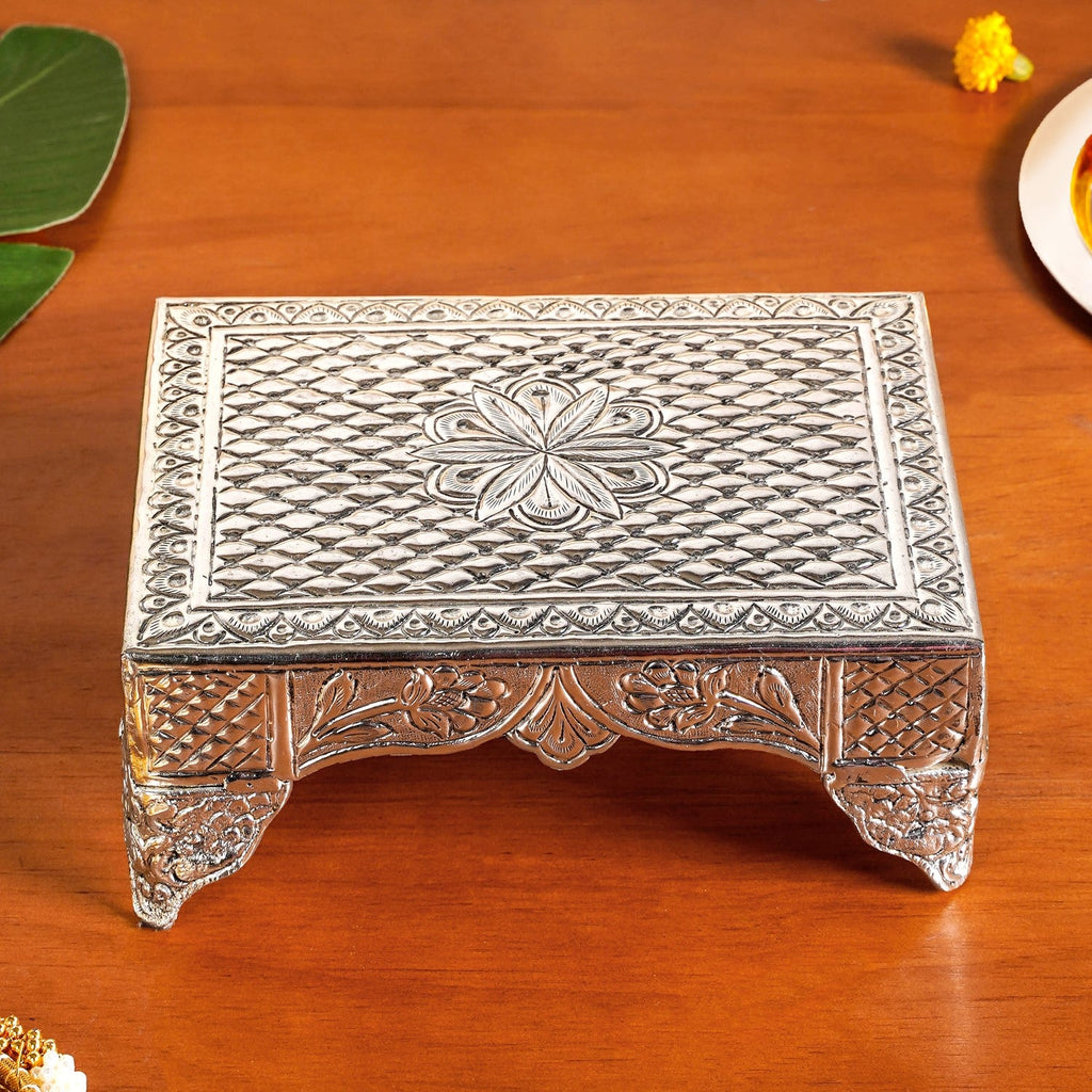 Flora Chowki Brass With Pure Silver Polish 20x15cm Nestasia