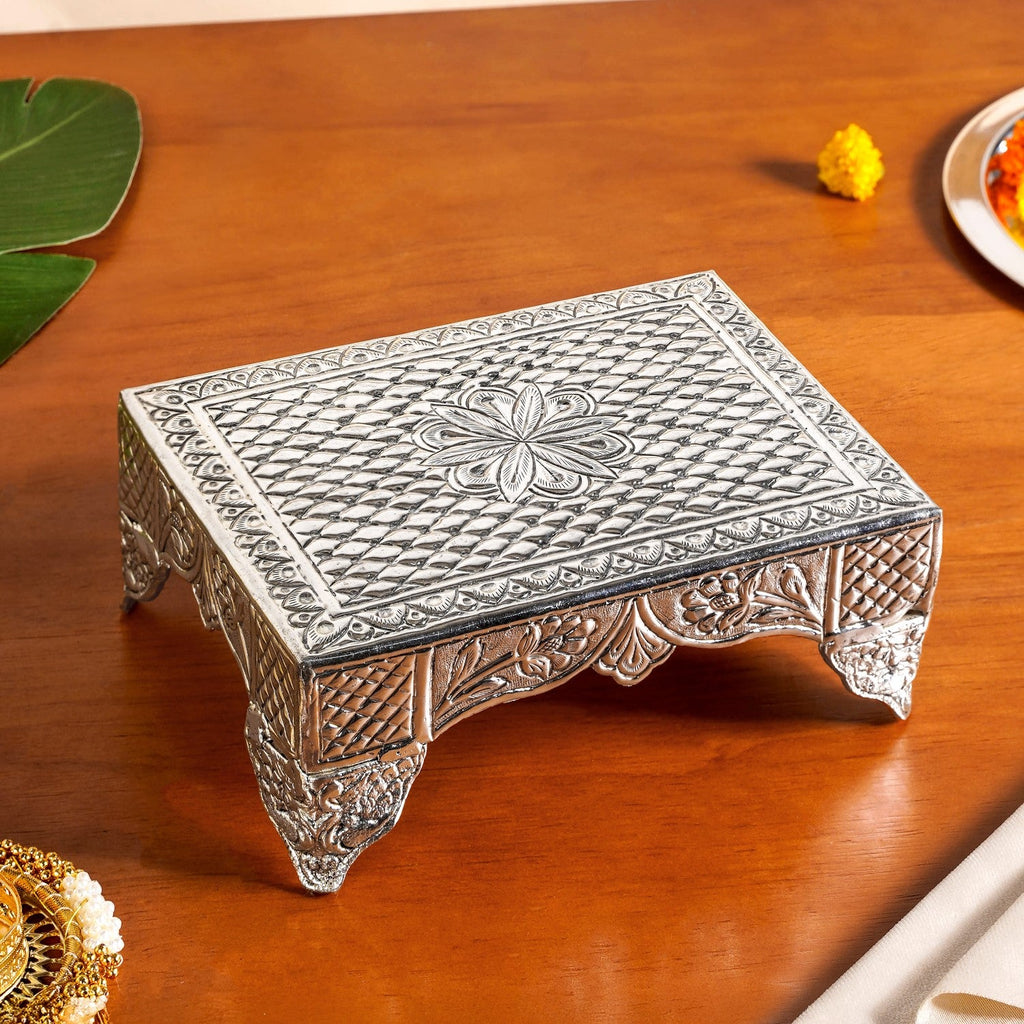 Flora Chowki Brass With Pure Silver Polish 20x15cm Nestasia