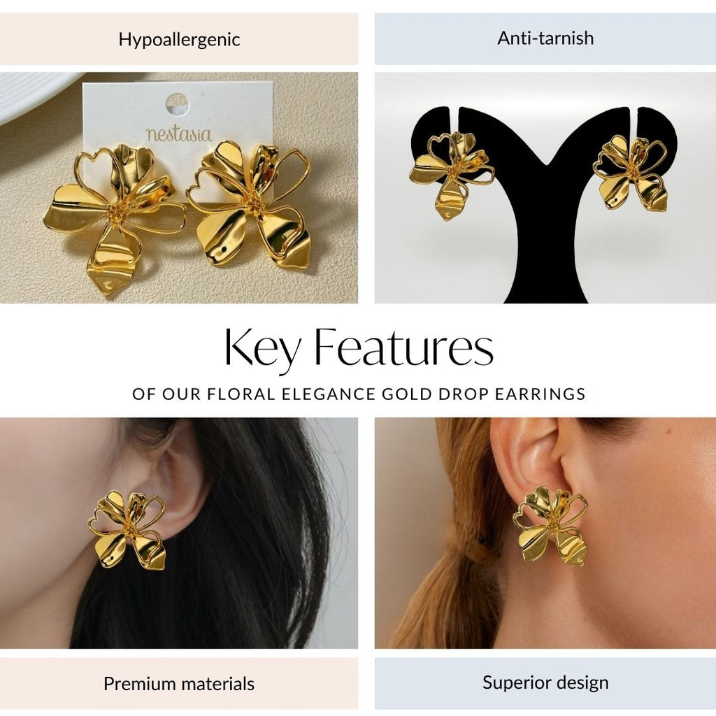 Floral Elegance Gold Drop Earrings Nestasia