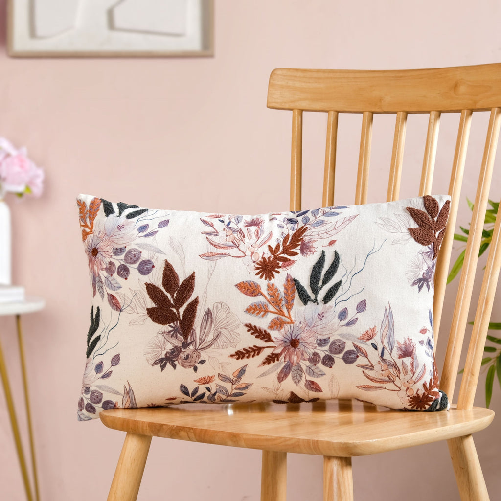 Floral Meadow Embroidered Cotton Cushion Cover 50x30cm Nestasia